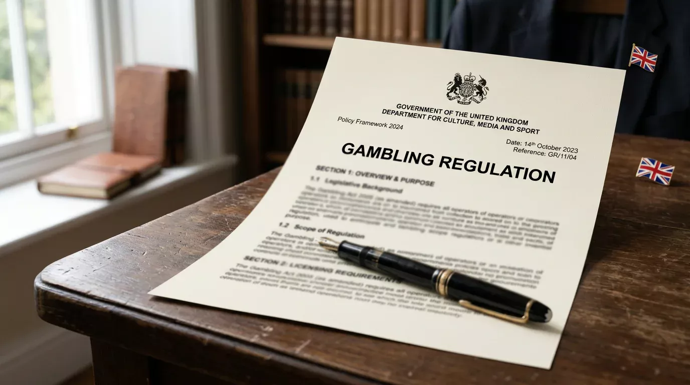 UKGC regulatory document on a desk with a pen — representing affordability checks and responsible gambling rules for UK sports bettors